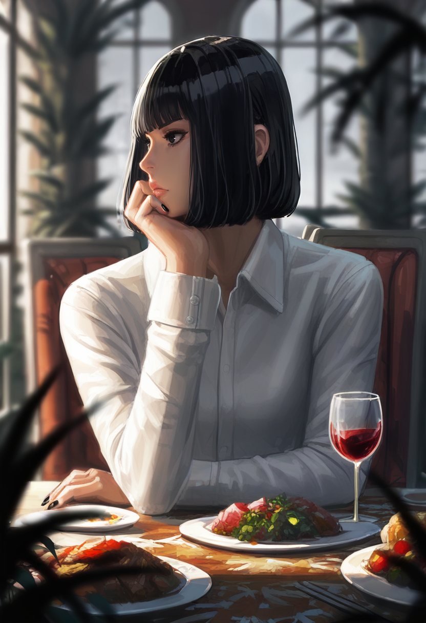01270-746733943-drinking glass, cup, wine glass, 1girl, solo, wine, black nails, black hair, shirt, white shirt, holding, blurry, indoors, table.png